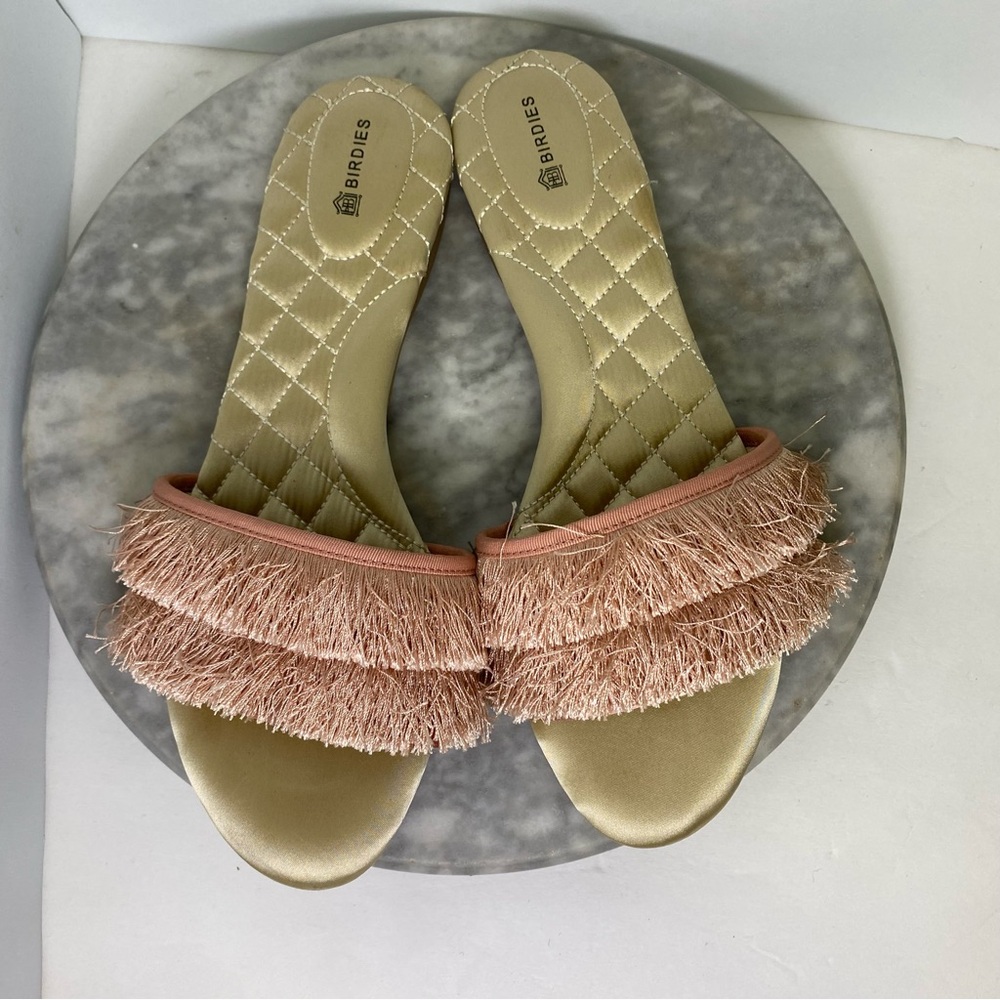 Birdies Sparrow Blush Pink Fringe Slide Sandals 9.5